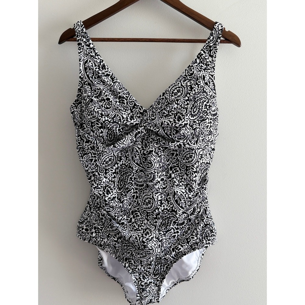Lands' End Womens XL Black White Paisley One Piece Swimsuit V-Neck Ruched Tummy